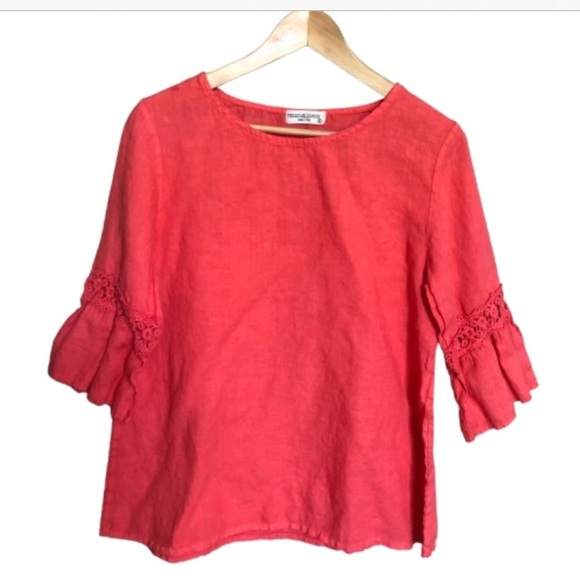 Terzo Millennio Tops - Italian Linen  Coral Pink  Top with Lace Sleeves Medium